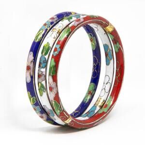 Set of 3 Vintage Cloisonné Hinged Bangle Bracelets - Multicolor Floral Design